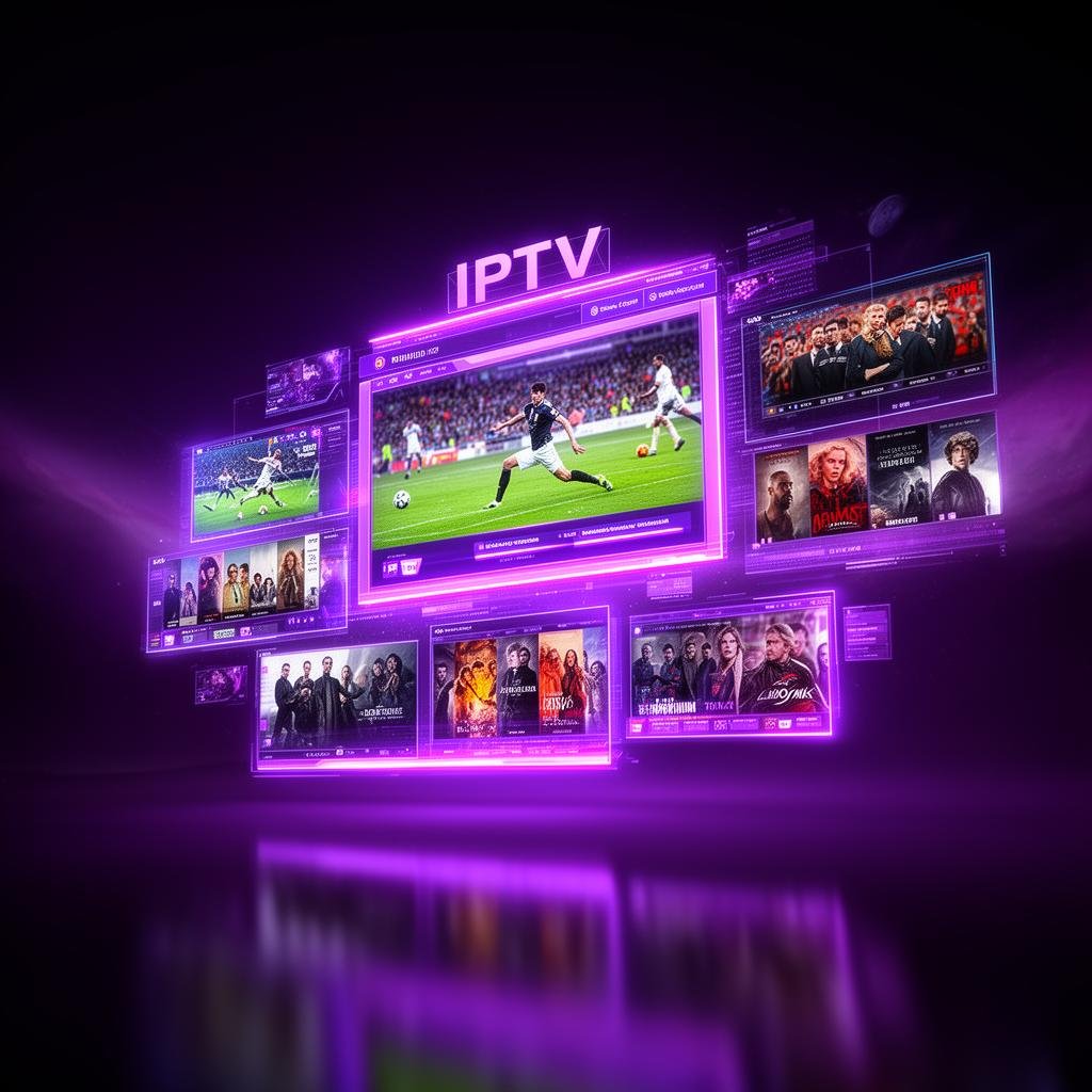 Pantallas IPTV flotantes mostrando fútbol, películas y series en streaming 4K